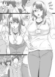  1boy 3girls ^^^ breasts clenched_hands collarbone commentary_request faceless faceless_female faceless_male glasses hand_on_hip highres hood hoodie id_card inu_(aerodog) large_breasts lightning_background long_hair monochrome multiple_girls oni original pants ruler short_hair speech_bubble sweatdrop 