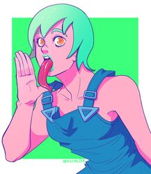  artist_name border female foo_fighters green_background green_hair hand_up herzspalter highres jojo_no_kimyou_na_bouken long_tongue looking_at_viewer orange_eyes shadow short_hair simple_background solo stone_ocean tongue tongue_out upper_body white_border 