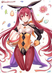  alternate_costume animal_ear_headwear animal_ears bare_shoulders blue_flower blush breasts choker closed_mouth commentary_request covered_navel detached_sleeves easter_egg egg fake_animal_ears female fire_emblem fire_emblem_awakening fire_emblem_heroes flower frilled_choker frills gloves hair_between_eyes hair_flower hair_ornament hand_on_own_hip haru_(nakajou-28) highres holding holding_egg leotard long_hair long_sleeves looking_at_viewer official_alternate_costume orange_flower pantyhose pink_flower playboy_bunny rabbit_ears red_eyes red_flower red_hair red_pantyhose ribbon ribbon_choker severa_(fire_emblem) severa_(spring)_(fire_emblem) small_breasts solo strapless strapless_leotard twintails twitter_username very_long_hair white_background 