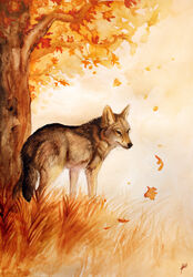  2010 autumn autumn_leaves black_body black_fur canid canine canis detailed feral fur grass grey_body grey_fur johis leaf mammal painting_(artwork) plant signature solo traditional_media_(artwork) tree watercolor_(artwork) white_body white_fur wolf 