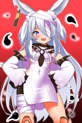  akure_ekuto animal_ears bandage_over_one_eye bandaged_head bandaged_leg bandages bike_shorts black_shorts blue_eyes cape covered_navel doll_joints ear_tag elbow_gloves female gloves grey_hair hands_on_own_hips highres joints little_witch_nobeta long_hair monica_(little_witch_nobeta) open_mouth rabbit_ears red_background sharp_teeth short_shorts shorts simple_background smile solo tabard teeth thighs two_side_up very_long_hair white_cape white_gloves white_tabard 