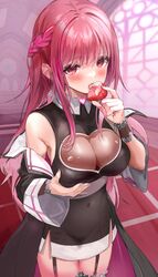  armpit_crease blush braid breasts cleavage covered_navel detached_sleeves dress earrings eating female food fruit furofuroppi garter_straps grabbing_own_breast highres indie_virtual_youtuber indoors jewelry large_breasts long_hair long_sleeves looking_at_viewer open_mouth pink_hair pink_nails red_eyes second-party_source see-through see-through_cleavage sidelocks sleeveless sleeveless_dress solo strawberry two-tone_dress virtual_youtuber wide_sleeves 