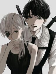  1boy bad_id bad_twitter_id bare_shoulders black_eyes black_hair black_necktie bright_pupils chainsaw_man chest_belt cigarette closed_mouth collarbone curtained_hair earrings eyelashes female gradient_background grey_hair half-closed_eyes harness highres holding holding_cigarette inuo_(inuo_x) jewelry katana kishibe_(chainsaw_man) kishibe_(young)_(chainsaw_man) long_hair looking_at_another looking_at_viewer necktie ponytail quanxi_(chainsaw_man) sheath sleeves_rolled_up smile smoking sword weapon weapon_on_back white_pupils 