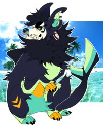  black_body black_claws black_fur black_nose blue_eyes blue_inner_ear_fluff blue_toes canid cheek_tuft chest_tuft claws crotch_tuft ear_piercing facial_piercing facial_tuft feral forked_tail fur gauged_ear glistening glistening_eyes glistening_nose green_body green_fur green_inner_ear hybrid inner_ear_fluff leg_markings male mammal marine markings mixed_media neck_tuft nose_piercing nose_ring orange_body orange_fur orange_markings orange_sclera palm_tree piercing plant princelykaden ring_piercing septum_piercing septum_ring solo spitz_(princelykaden) tail tree tuft unusual_anatomy unusual_tail 