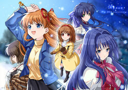  5girls angel_wings anniversary bell black_hair blue_eyes blue_hair blue_jacket boots bow breasts brown_hair closed_eyes coat commentary gloves green_eyes hair_between_eyes hair_ornament hair_ribbon hairbow hairpin headband highres jacket kanon kawasumi_mai key_(company) long_hair minase_nayuki misaka_shiori multiple_girls orange_hair ponytail red_eyes ribbon sawatari_makoto shawl shirt short_hair skirt snow snowflakes tsukimiya_ayu twintails white_shirt wings yaoshi_jun 