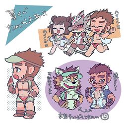  1:1 akashi_(live_a_hero) anthro barrel_(live_a_hero) bikini blush canid canine canis chibi clothing countershading dragon embarrassed female group hat headgear headwear hitomi_(live_a_hero) hs_640 human hydoor lifewonders live_a_hero male mammal muscular muscular_anthro muscular_human muscular_male mythological_creature mythological_scalie mythology pecs scalie scar swimwear visor_cap wolf 