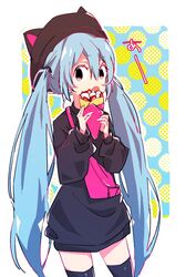  3774. animal_ears animal_hat aqua_eyes aqua_hair bag black_hat black_sweater black_thighhighs cat_ears cat_hat commentary cowboy_shot crepe female food fruit hat hatsune_miku holding holding_food long_hair open_mouth pink_bag shoulder_bag sideways_glance solo standing strawberry sweater thighhighs translated twintails very_long_hair vocaloid zettai_ryouiki 