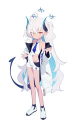  absurdres ahoge bare_shoulders black_shorts blue_archive blue_hair blue_necktie buttons closed_mouth clothes_lift coat demon_tail doribae female flat_chest full_body halo highres hip_vent horns long_hair looking_at_viewer multicolored_hair necktie off_shoulder open_clothes open_coat orange_eyes pointy_ears shorts simple_background sleeveless slit_pupils solo sumomo_(blue_archive) sweatdrop tail twintails two_side_up very_long_hair white_background white_coat white_footwear white_hair white_unitard yellow_eyes zipper 