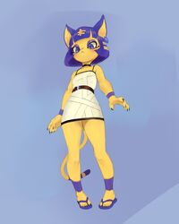  5_fingers 5_toes animal_crossing ankha_(animal_crossing) anthro belt blue_hair blush breasts claws clothed clothing digital_media_(artwork) domestic_cat ear_piercing ear_ring egyptian eyeliner eyeshadow feet felid feline felis female fingers flip_flops footwear fur hair hi_res humanoid_feet looking_down makeup mammal nintendo null_skull piercing plantigrade ring_piercing sandals simple_background solo toe_claws toes topwear yellow_body yellow_fur 