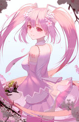  arms_at_sides ass backlighting bad_id bad_pixiv_id bare_shoulders blue_background blush bouquet branch breasts cherry_blossoms closed_mouth clothes_lift collared_shirt commentary cowboy_shot daimi_94 detached_sleeves eyelashes female flower gradient_background hair_between_eyes hair_flower hair_ornament happy hatsune_miku highres holding holding_bouquet holding_flower leaf light_particles long_hair looking_at_viewer looking_back medium_breasts necktie number_tattoo petals pink_eyes pink_flower pink_hair pink_necktie pink_rose pink_shirt pink_skirt pink_theme pink_thighhighs pleated_skirt rose sakura_miku shirt shoulder_tattoo sideboob sidelocks simple_background skirt skirt_lift sleeveless sleeveless_shirt smile solo straight_hair tareme tattoo thighhighs thighs twintails very_long_hair vocaloid wind wind_lift yellow_flower yellow_rose 