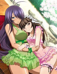  2girls black_ribbon blunt_bangs breasts brown_eyes brown_hair cleavage closed_mouth collarbone dress dutch_angle green_dress grey_eyes hair_over_one_eye ikkitousen kan&#039;u_unchou large_breasts long_hair looking_at_viewer lying multiple_girls on_back on_side outdoors pink_dress purple_hair ribbon shiny_skin short_dress sleeveless sleeveless_dress small_breasts smile ten&#039;i_(ikkitousen) thigh_strap very_long_hair wrist_cuffs yuri 