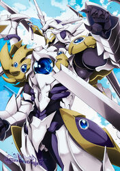  1boy armor blue_sky cannon cloud cloudy_sky colorized commentary divine_dividing energy_wings english_commentary full_armor gauntlets helmet high_school_dxd highres horns large_wings maximilian-destroyer miyama-zero novel_illustration official_art pauldrons shoulder_armor single_horn sky third-party_edit vali_lucifer white_armor wings yellow_eyes 