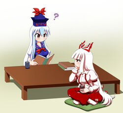  2girls ? baggy_pants blunt_bangs book bow breasts brown_eyes collared_dress collared_shirt commentary_request cup dress fujiwara_no_mokou hairbow hat head_rest highres hime_cut indian_style kamishirasawa_keine long_hair medium_breasts multiple_girls pants pillow puffy_short_sleeves puffy_sleeves rakugaki-biyori red_eyes red_pants shirt short_sleeves sidelocks sitting sleeve_garter steam suspenders table tokin_hat touhou very_long_hair white_hair white_shirt 