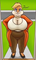  3:5 anthro belly big_breasts bottomwear breasts cardigan cleavage clothed clothing eyeshadow female hi_res jewelry lagomorph leporid looking_at_viewer makeup mammal mature_female necklace oystercatcher7 pants patricia_bunny rabbit slightly_chubby solo the_looney_tunes_show thick_thighs warner_brothers 