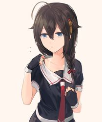  ahoge bad_id bad_twitter_id black_gloves black_serafuku blue_eyes braid brown_hair female fingerless_gloves flying_sweatdrops gloves hair_between_eyes hair_flaps hair_ornament hair_ribbon highres kantai_collection long_hair necktie red_necktie ribbon sailor_collar school_uniform serafuku sha_(isago) shigure_(kancolle) shigure_kai_ni_(kancolle) sidelocks simple_background single_braid solo tan tanlines upper_body yellow_background 