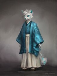  2019 2_tails anthro asian_clothing blue_eyes canid canine clothed clothing digital_media_(artwork) east_asian_clothing etis fox fully_clothed fur hi_res japanese_clothing kimono male mammal markings multi_tail saterina simple_background smile solo standing tail white_body white_fur 