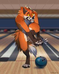  2022 4:5 4_toes 5_fingers accident agonizing anthro ball barefoot black_lips bowling bowling_ball canid canine crush detailed_background digital_media_(artwork) digitigrade featureless_crotch feet fingers fox fur heavy hi_res inside kero_tzuki lips male mammal missing_teeth nude orange_body orange_fur ouch pain solo sore teeth throbbing toes wounded yellow_eyes 