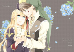  1boy artist_name blonde_hair blue_flower brown_background brown_hair brown_vest closed_mouth clown_(ragnarok_online) commentary_request copyright_name cover cover_page cross cross_necklace dated doujin_cover dress facial_tattoo female flower green_eyes hair_between_eyes hat holding_hands jester_cap jewelry juliet_sleeves long_hair long_sleeves looking_at_another necklace negi_mugiya priest_(ragnarok_online) puffy_sleeves purple_dress ragnarok_online shirt short_hair smile tattoo teardrop_tattoo upper_body vest white_shirt 