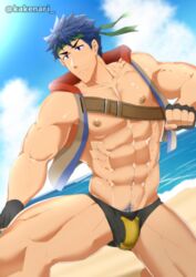  1boy abs alternate_costume alternate_pectoral_size bara black_male_swimwear blue_eyes blue_hair blue_pubic_hair blue_sky bulge fire_emblem headband ike_(fire_emblem) kakenari large_pectorals male_focus male_swimwear muscular muscular_male nipples outdoors paid_reward_available pectorals shiny_skin short_hair sky solo swim_briefs swimsuit thick_thighs thighs twitter_username 