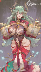  antlers box breasts character_request christmas clothing_cutout commentary copyright_name crossed_bangs cutesexyrobutts em8er english_commentary female gift gift_box green_eyes green_hair hair_between_eyes halo highres holding holding_gift horns large_breasts long_hair looking_at_viewer navel navel_cutout no_panties open_mouth patreon_username snowflakes solo standing teeth thighs upper_teeth_only 