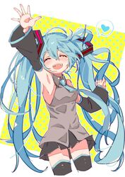  3774. aqua_eyes aqua_hair aqua_necktie arm_up armpits bare_shoulders black_skirt black_sleeves black_thighhighs blush closed_eyes commentary cowboy_shot cropped_legs detached_sleeves dotted_background facing_viewer female grey_shirt hair_ornament hatsune_miku heart long_hair miniskirt necktie open_mouth pleated_skirt shirt skirt sleeveless sleeveless_shirt smile solo spoken_heart thighhighs twintails very_long_hair vocaloid yellow_background zettai_ryouiki 