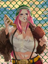  anti-eyebrow_piercing backlighting bare_shoulders belt boned_meat breasts chain-link_fence cleavage clenched_teeth collarbone eating evening female fence food frills fur_jacket hands_up hat highres holding holding_food huge_breasts jacket jewelry_bonney lipstick long_hair long_sleeves looking_at_viewer makeup mattsun_(lyohei) meat midriff navel off_shoulder one_piece outdoors piercing pink_hair pizza pizza_slice purple_eyes solo stomach strapless suspenders teeth tube_top unaligned_breasts upper_body v-shaped_eyebrows 