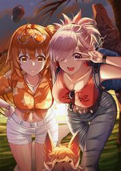  2girls :d ahoge alternate_costume backpack bad_id bad_pixiv_id bag belt belt_buckle bent_over blue_bag blurry blurry_foreground blush bracelet breasts buckle cleavage closed_mouth collarbone collared_shirt commentary_request crossed_bangs crossed_legs denim earrings eyewear_on_head fate/grand_order fate_(series) fou_(fate) fujimaru_ritsuka_(female) fujimaru_ritsuka_(female)_(tropical_summer) hair_between_eyes hair_ornament hair_over_one_eye hand_on_another&#039;s_shoulder hand_on_own_hip hand_up hawaiian_shirt highres jeans jewelry large_breasts leaning_forward long_hair looking_at_viewer looking_up midriff miyamoto_musashi_(fate) miyamoto_musashi_(traveling_outfit)_(fate) multiple_girls navel necklace official_alternate_costume one_side_up open_mouth orange_eyes orange_hair outdoors palm_tree pants ponytail print_shirt purple_eyes scrunchie shirt short_hair short_shorts short_sleeves shorts side_ponytail sky sleeveless smile sora_(men0105) stomach sunglasses sunlight tied_shirt tree v v_over_eye white_belt white_shorts 