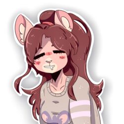  1:1 =_= alpha_channel anthro anthrofied blush bodily_fluids brown_hair chinchilla chinchillid cinnamon_(sinamuna) closed_eyes clothing drooling drowsy fluffy freckles freda_b fur generation_5_pokemon hair heart_nose heart_symbol long_hair mammal minccino nintendo pink_body pink_fur pokemon pokemon_(species) pokemorph ponytail rodent saliva simple_background solo sweater teeth tired topwear transparent_background 