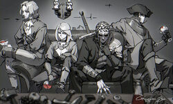  3boys armor ascot axe bandaged_arm bandages blurry blurry_foreground boots breasts candle candlestand circlet cleavage coat commentary_request couch crossed_legs cup dark_souls_(series) dark_souls_iii elbow_gloves feet_out_of_frame female gloves gongxiao_zao gorget greyscale hand_up hat hawkwood_(dark_souls) holding holding_cup hood hood_up jacket leonhard_(dark_souls) looking_at_viewer looking_away mask medium_breasts medium_hair monochrome multiple_boys open_clothes open_hand open_jacket orbeck_of_vinheim pants parted_bangs pauldrons photoshop_(medium) potion pouch sheath sheathed shirt short_hair shoulder_armor sirris_of_the_sunless_realms sitting spot_color stepping swept_bangs sword tricorne weapon weapon_on_back 