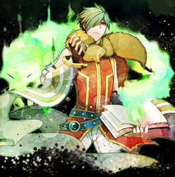  1boy animal_around_neck bangle belt black_gloves blue_belt book bracelet closed_mouth commentary_request cowboy_shot detached_sleeves fingerless_gloves fox gloves green_eyes green_hair hair_over_one_eye holding holding_book jewelry looking_at_viewer male_focus negi_mugiya pants professor_(ragnarok_online) ragnarok_online red_shirt shirt short_hair sleeveless sleeveless_shirt solo striped_sleeves twitter_username white_pants white_sleeves yellow_sleeves 