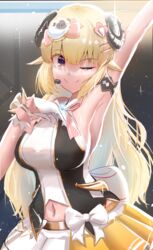  ;) absurdres animal_ears armpits arms_up bare_arms bare_shoulders belt blonde_hair bow bow_skirt breasts closed_mouth clothing_cutout contrapposto cowboy_shot curled_horns female gloves hair_ornament hairclip halter_shirt halterneck headset highres hololive hololive_idol_uniform horns idol izanagi_no_ookami_p. large_breasts layered_skirt long_hair looking_at_viewer miniskirt navel navel_cutout official_alternate_costume one_eye_closed purple_eyes sheep_ears sheep_girl sheep_hair_ornament sheep_horns skirt sleeveless smile solo stage tsunomaki_watame very_long_hair virtual_youtuber white_bow white_gloves white_skirt wrist_cuffs 