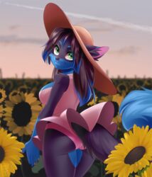  2019 anthro ass black_body black_fur black_hair black_nose blue_body blue_fur blue_hair breasts canid canine clothing contrail dannyckoo dress female flower fox fur green_eyes hair hat headgear headwear hi_res looking_at_viewer mammal myo_(myufox) outside plant rear_view smile solo standing sun_hat sunflower tresertf 