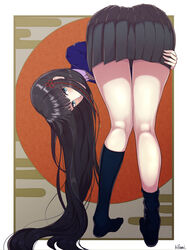  absurdres ass bent_over black_socks blue_eyes blue_jacket covered_mouth female grabbing_own_thigh hair_ornament hairpin highres jacket kneepits long_hair looking_at_viewer persona persona_5 school_uniform socks thighs tougou_hifumi yousuketwelve 