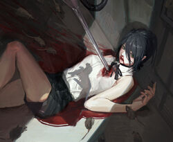  2girls absurdres animal black_choker black_hair black_ribbon black_shorts bleeding blood blood_from_mouth blood_on_clothes blood_on_face blood_splatter chainsaw_man choker collared_shirt dying green_eyes hair_between_eyes hair_bun highres looking_at_viewer lying makima_(chainsaw_man) medium_hair mouse_(animal) multiple_girls nazgul_(5511474) neck_ribbon on_back photoshop_(medium) reze_(chainsaw_man) ribbon shirt shirt_tucked_in shorts single_hair_bun solo_focus spoilers white_shirt 