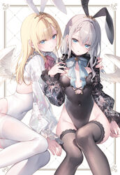  2girls angel_wings animal_ears black_thighhighs black_vs_white blonde_hair blue_eyes blunt_bangs braid ciel_(toosaka_asagi) closed_mouth covered_navel cross_background expressionless fake_animal_ears grey_hair hair_between_eyes hand_on_another&#039;s_shoulder hand_on_own_chest highleg highleg_leotard highres leotard long_sleeves looking_at_another matching_outfits multiple_girls noele_(toosaka_asagi) open_mouth original playboy_bunny rabbit_ears sidelocks smile swept_bangs thighhighs tiara toosaka_asagi white_thighhighs white_wings wings 