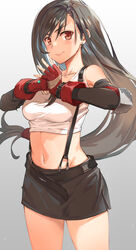  absurdres bare_shoulders black_hair black_skirt blush breasts brown_eyes check_commentary closed_mouth collarbone commentary commentary_request crop_top dangle_earrings earrings elbow_pads female final_fantasy final_fantasy_vii fingerless_gloves gloves gradient_background grey_background hair_between_eyes highres jewelry long_hair looking_at_viewer low-tied_long_hair medium_breasts michairu midriff navel palm-fist_greeting red_gloves skirt smile solo standing suspender_skirt suspenders suspenders_gap swept_bangs tank_top tifa_lockhart very_long_hair white_background white_tank_top 