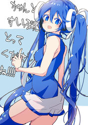  3774. blue_eyes blue_hair blue_shirt blue_theme blue_thighhighs blush commentary cowboy_shot female from_side hair_tie hatsune_miku highres index_finger_raised long_hair looking_at_viewer looking_to_the_side miniskirt open_mouth pleated_skirt pocari_sweat shirt skirt sleeveless sleeveless_shirt solo thighhighs translated twintails v-shaped_eyebrows very_long_hair vocaloid white_skirt 