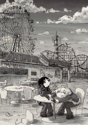  2girls amusement_park chair chito_(shoujo_shuumatsu_ryokou) closed_eyes cloud cloudy_sky ferris_wheel gloves greyscale highres leoleonardk10 long_hair looking_away monochrome multiple_girls open_mouth roller_coaster scenery shoujo_shuumatsu_ryokou sitting sky spot_color table yuuri_(shoujo_shuumatsu_ryokou) 