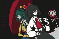  2girls ascot bad_id bad_pixiv_id black_hair black_skirt blood bow closed_eyes closed_mouth colored_skin commentary cookie_(touhou) cowboy_shot daiyousei diyusi_(cookie) duojiaomaotou-tougarashi english_commentary expressionless green_hair hairbow hand_on_own_hip high-visibility_vest highres holding holding_umbrella long_sleeves multiple_girls ponytail rain red_ascot red_bow red_eyes red_umbrella road_sign shirt sign siyudi_(cookie) skirt suspender_skirt suspenders touhou umbrella upper_body white_shirt white_skin yellow_ascot yellow_bow 