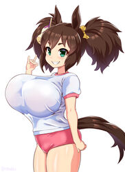  animal_ears breasts brown_hair buruma female fox_shadow_puppet from_side green_eyes gym_shirt horse_ears horse_girl horse_tail huge_breasts inari_one_(umamusume) isemagu oppai_loli original_race_uniform_(umamusume) pink_buruma shirt short_sleeves simple_background smile solo tail twintails umamusume white_background white_shirt 