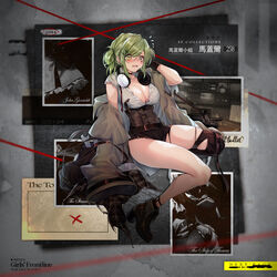  asymmetrical_pants bad_link black_footwear black_gloves black_pants blush breasts cleavage coat coat_on_shoulders copyright_name double_bun female girls&#039;_frontline gloves green_hair grey_coat gun hair_bun hair_ornament hand_in_own_hair headphones headphones_around_neck highres imi_magal large_breasts looking_away magal_(girls&#039;_frontline) magal_(miss_magal)_(girls&#039;_frontline) medium_hair obiwan official_art open_clothes open_mouth open_shirt pants promotional_art rifle shirt sitting solo thighs torn_clothes torn_pants weapon white_shirt yellow_eyes 