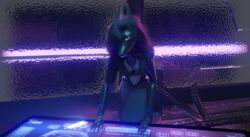  3d_(artwork) anthro blue_glow canid canine canis clothing cyberpunk digital_media_(artwork) female fox future glass hi_res jackal mammal neon_lights science_fiction solo synth_(disambiguation) synthetic the_dark_skull wolf 