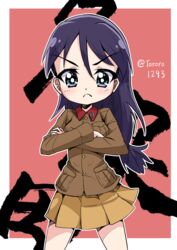  absurdres black_eyes black_hair border brown_jacket chi-hatan_military_uniform closed_mouth commentary cowboy_shot crossed_arms female frown girls_und_panzer hair_ribbon highres jacket kubota_rin long_hair long_sleeves looking_at_viewer low-tied_long_hair military military_uniform miniskirt outline outside_border pleated_skirt red_background ribbon skirt solo standing text_background twitter_username uniform v-shaped_eyebrows white_border white_outline white_ribbon yamakake_(tororo1293) yellow_skirt 