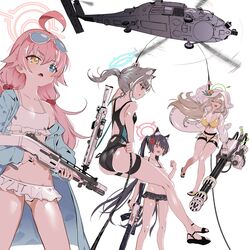  4girls absurdres ahoge aircraft animal_ears assault_rifle benelli_m1 beretta_1301 beretta_ar70/90 bikini bikini_skirt black_bikini black_hair blue_archive blue_eyes breasts cat_ears closed_eyes collarbone competition_swimsuit extra_ears frilled_bikini frills gatling_gun gun halo hat helicopter highres hoshino_(blue_archive) hoshino_(swimsuit)_(blue_archive) large_breasts light_brown_hair long_hair m134_minigun medium_hair messy_hair minigun multiple_girls nonomi_(blue_archive) nonomi_(swimsuit)_(blue_archive) official_alternate_costume one-piece_swimsuit pink_hair ponytail rappelling red_eyes rifle ryoma_(rym_369) sandals serika_(blue_archive) serika_(swimsuit)_(blue_archive) sh-60_seahawk shiroko_(blue_archive) shiroko_(swimsuit)_(blue_archive) shotgun sig_556 sig_sauer simple_background small_breasts sun_hat swimsuit weapon white_background white_bikini wolf_ears yellow_bikini yellow_eyes 