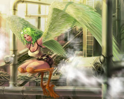  bell bird_legs black_choker breasts cgiftrsnut choker factory feathers female goggles goggles_on_head green_feathers green_hair harpy highres indoors large_breasts long_hair looking_at_viewer mechanism miniskirt monet_(one_piece) monster_girl neck_bell one_piece skirt smile solo steam tank_top tongue tongue_out white_tank_top winged_arms wings 