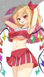  alternate_costume blonde_hair blush breasts cheerleader crop_top crystal_wings female flandre_scarlet ganon_capybara highres large_breasts long_hair midriff miniskirt navel pointy_ears pom_pom_(cheerleading) red_eyes red_shirt red_skirt shirt side_ponytail simple_background skirt solo touhou underboob 