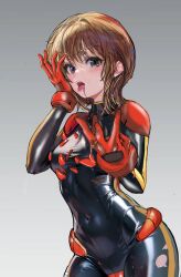  black_bodysuit blue_eyes blush bodysuit breasts covered_navel female gloves gundam gundam_zz highres huo_ji_wu looking_at_viewer mecha_pilot_suit normal_suit_(gundam) open_mouth orange_hair puru_two shiny_clothes short_hair skin_tight small_breasts solo standing taut_clothes tongue tongue_out 