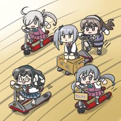  :3 asashimo_(kancolle) ashigara_(kancolle) ashigara_kai_ni_(kancolle) box cardboard_box cart dress ferret-san kantai_collection kasumi_(kancolle) kasumi_kai_ni_(kancolle) kiyoshimo_(kancolle) ooyodo_(kancolle) pallet_jack pinafore_dress playing_games pleated_dress purple_dress riding school_uniform serafuku sleeveless sleeveless_dress 