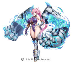  armor bare_shoulders blue_fire breasts female fire full_body highleg highleg_leotard horns huge_breasts leotard lilith-soft long_hair nagiriin_ryou no_mask official_art pink_hair simple_background skin_tight standing taimanin_(series) taimanin_rpgx taimanin_suit white_background 