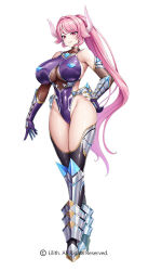  armor bare_shoulders breasts female fire full_body highleg highleg_leotard horns huge_breasts leotard lilith-soft long_hair nagiriin_ryou no_mask official_art pink_hair simple_background skin_tight standing taimanin_(series) taimanin_rpgx taimanin_suit 